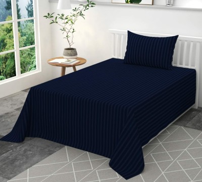 Home Readiness 240 TC Satin Single Striped Flat Bedsheet(Pack of 1, Blue)