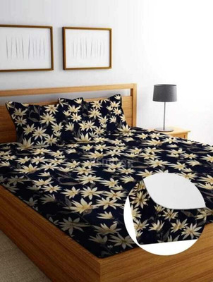 LUZDECOR 220 TC Microfiber Double Floral Fitted (Elastic) Bedsheet(Pack of 1, Black)