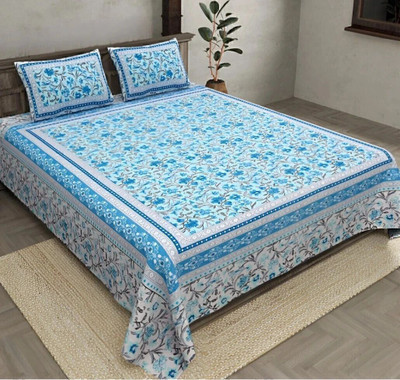 BharatLinen Cotton King Flat 260 TC Jaipuri Prints Bedsheet(Pack of 1, Blue, Sea Blue, Sky Blue)