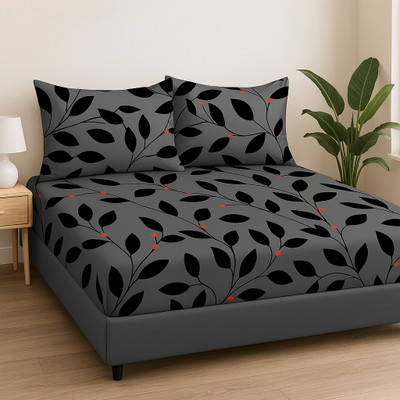 AJ GLOBAL HANDICRAFT 230 TC Cotton Double 3D Printed Fitted (Elastic) Bedsheet(Pack of 1, Black, Grey)
