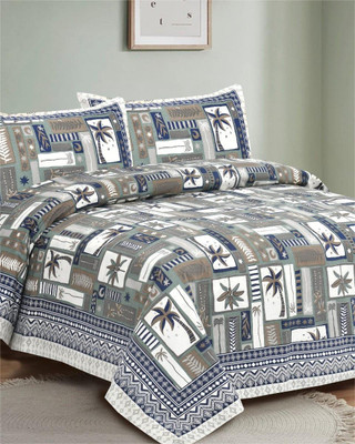 S Global Cotton Blend Super King Flat 300 TC Jaipuri Prints Bedsheet(Pack of 3, Multicolor: Blue)