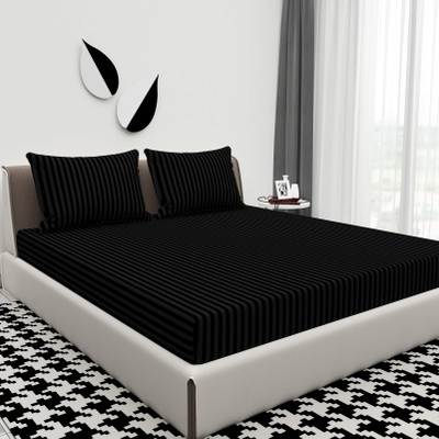 ATCamber 300 TC Cotton Double Striped Flat Bedsheet(Pack of 1, Black)