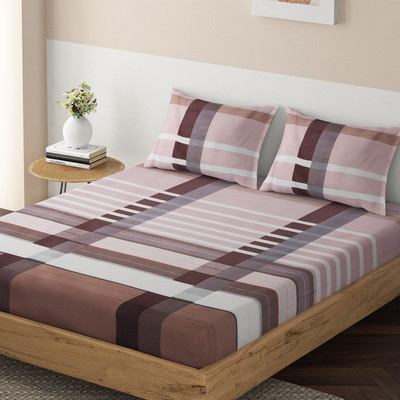 HOKiPO 140 TC Microfiber Queen Striped Fitted (Elastic) Bedsheet(Pack of 1, Striped Nut Brown)