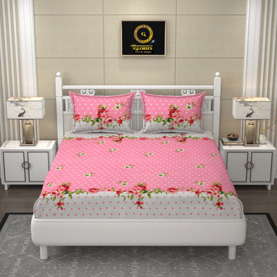 GLORIES 210 TC Microfiber King Printed Fitted (Elastic) Bedsheet(Pack of 1, Pink-floral)