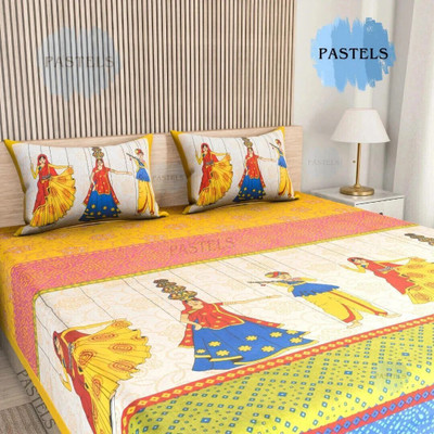 Pastels Cotton Double Flat 144 TC Jaipuri Prints Bedsheet(Pack of 1, Yellow, Red, Green, Blue, Pink)