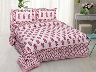 Lali Prints 165 TC Cotton Double Printed Flat Bedsheet(Pack of 1, White, Pink)