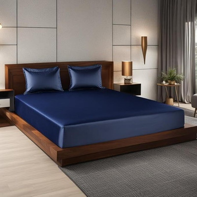 Balncd Satin King Fitted (Elastic) 400 TC Solid Bedsheet(Pack of 1, Blue)