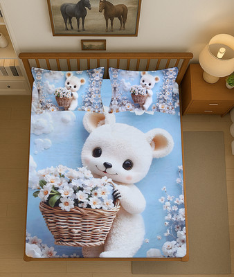 The Little Big Store Polycotton King Fitted (Elastic) 250 TC Cartoon Bedsheet(Pack of 1, Blue Teddy)