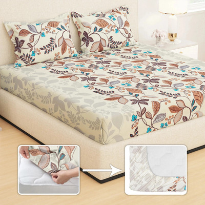 Story@home Microfiber King Fitted (Elastic) 210 TC Printed Bedsheet(Pack of 1, Brown, off White)
