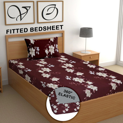 CG Homes Cotton Single Fitted (Elastic) 180 TC Printed Bedsheet(Pack of 1, Brown White)