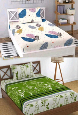 Decent Home 240 TC Cotton Single Printed Flat Bedsheet(Pack of 2, White, Green)