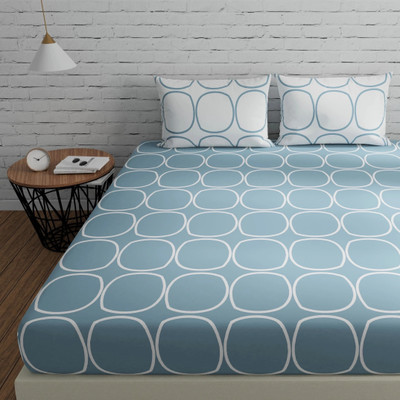 Huesland Cotton King Flat 144 TC Printed Bedsheet(Pack of 1, Blue & White)