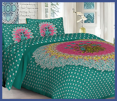 BedZone Cotton Double Flat 240 TC Jaipuri Prints Bedsheet(Pack of 1, Green)