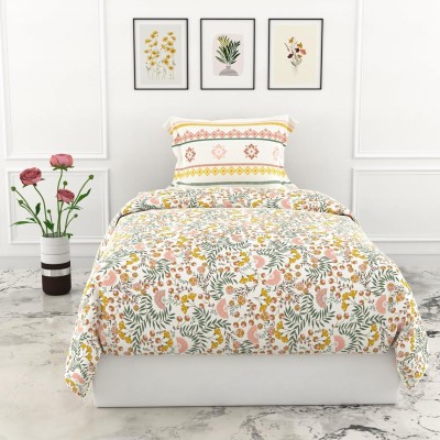 LORETO 144 TC Cotton Single Floral Flat Bedsheet(Pack of 1, Green, Yellow)