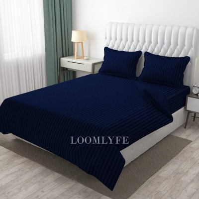 LOOMLYFE 210 TC Satin Double Striped Flat Bedsheet(Pack of 1, Navy Blue)