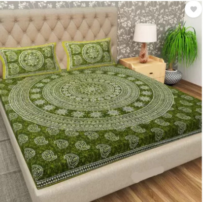 Dmlpbp 140 TC Cotton Double Jaipuri Prints Flat Bedsheet(Pack of 1, Green)