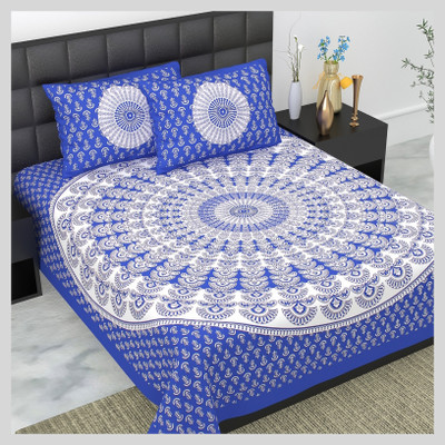 JAIPUR PRINTS Cotton Double Flat 160 TC Jaipuri Prints Bedsheet(Pack of 1, Blue)