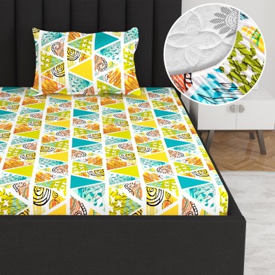 Divine Casa 144 TC Cotton Single Geometric Fitted (Elastic) Bedsheet(Pack of 1, Sunny Lime Punch)