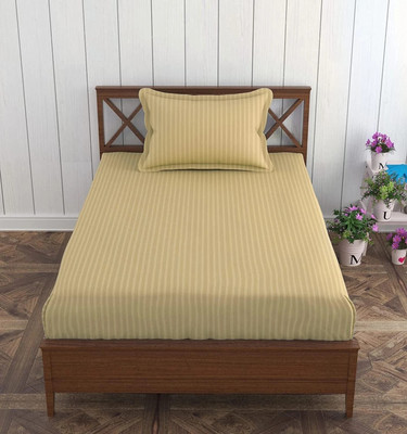Priscilla 200 TC Satin Single Striped Fitted (Elastic) Bedsheet(Pack of 1, Beige)