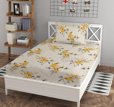 YaAkholic 400 TC Cotton Single Printed Fitted (Elastic) Bedsheet(Pack of 1, Cream Bedcover)