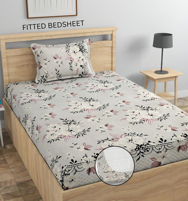 YKNIP 250 TC Cotton Single Floral Fitted (Elastic) Bedsheet(Pack of 1, Cotton Single Fitted Bedsheet 72x36 In with 1 Pillow Cover 18x28 In Multi 57)