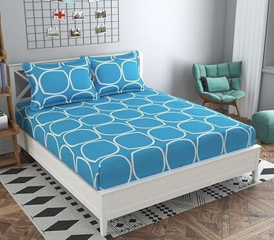 Mooniea Microfiber Double Fitted (Elastic) 220 TC Printed Bedsheet(Pack of 1, Light Blue)