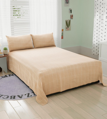 BROMWICK 180 TC Microfiber Double Checkered Flat Bedsheet(Pack of 1, Beige)
