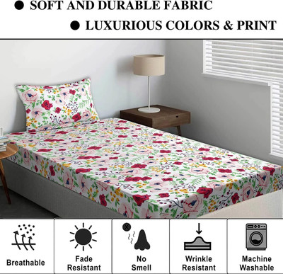 KUBER INDUSTRIES 144 TC Cotton Single Checkered Fitted & Flat Bedsheet(Pack of 1, Red)