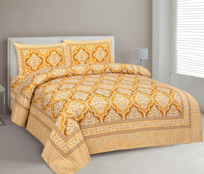 CLOTHOLOGY Cotton King Flat 240 TC Jaipuri Prints Bedsheet(Pack of 1, YELLOW,GOLDEN)