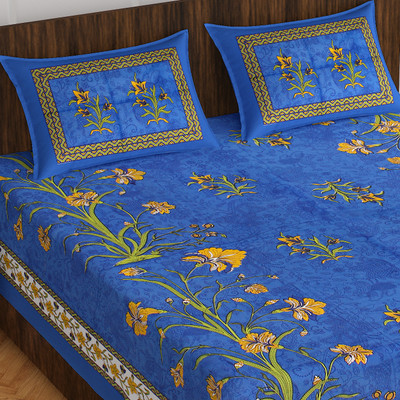 E ELMA Cotton Double Flat 144 TC Abstract Bedsheet(Pack of 1, Blue)