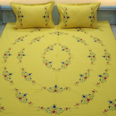 Arsha Chikankari Cotton King Flat 230 TC Embroidered Bedsheet(Pack of 1, Yellow)