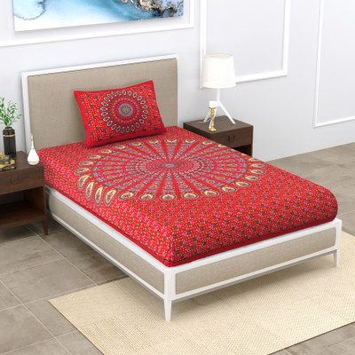 Cosito 144 TC Cotton Single Jaipuri Prints Flat Bedsheet(Pack of 1, Red)