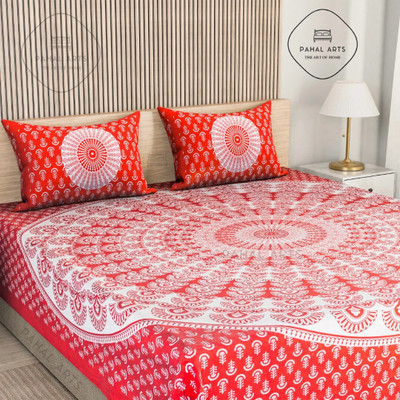 PahalArts 144 TC Cotton Double Jaipuri Prints Flat Bedsheet(Pack of 1, Red)
