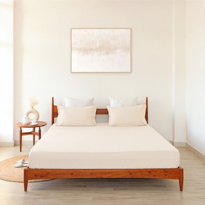 HOMEMONDE 210 TC Cotton Double Striped Fitted (Elastic) Bedsheet(Pack of 1, White)