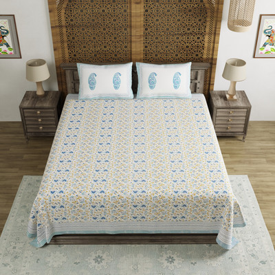 Blocks Of India Cotton King Flat 200 TC Floral Bedsheet(Pack of 1, Blue, Yellow)