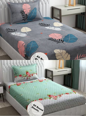 Nt@ub 210 TC Cotton Single Printed Fitted (Elastic) Bedsheet(Pack of 2, Grey, Green)