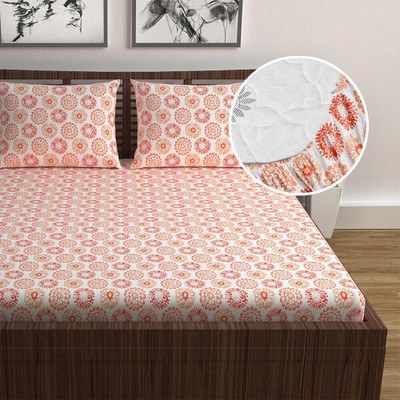 Divine Casa Cotton Double Fitted (Elastic) 144 TC Floral Bedsheet(Pack of 1, Pureed Pumpkin)