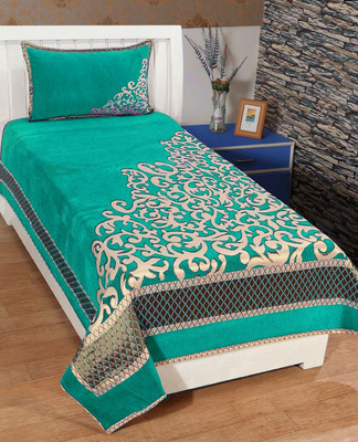 akr CREATION 190 TC Velvet Single Printed Flat Bedsheet(Pack of 1, Green)