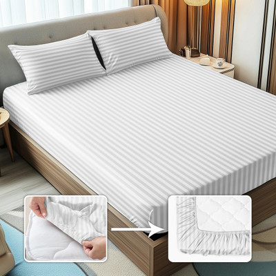 Story@home 300 TC Microfiber Queen Striped Fitted (Elastic) Bedsheet(Pack of 1, White)