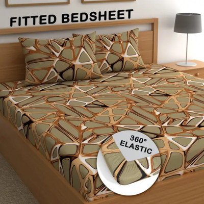 Manish Creation Cotton Double Fitted (Elastic) 140 TC Printed Bedsheet(Pack of 1, 0_1 Fitted Golden Safari 180)