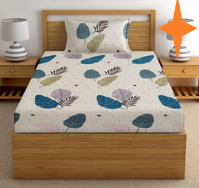 EXFAB 244 TC Cotton Single Printed Fitted (Elastic) Bedsheet(Pack of 1, Cream)