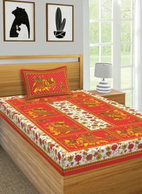 BharatLinen Cotton Single Flat 144 TC Animal Bedsheet(Pack of 1, Orange)