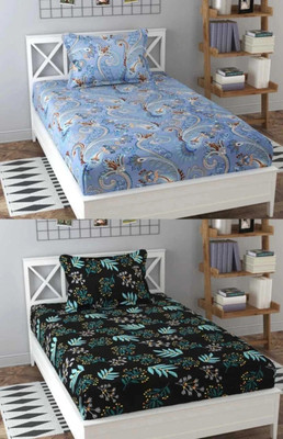 Decent Home Cotton Single Flat 240 TC Printed Bedsheet(Pack of 2, Black, Blue)