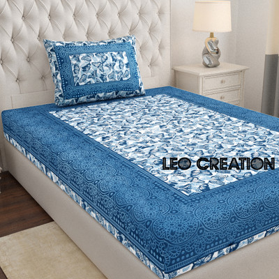 Leo Creation 144 TC Cotton Single Jaipuri Prints Flat Bedsheet(Pack of 1, Kerosene, Blue, Black)