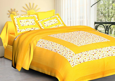 Poorak 104 TC Cotton Double Printed Flat Bedsheet(Pack of 1, Yellow)