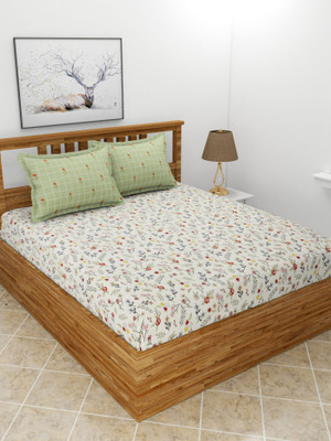 BREVARD Polycotton King Flat 210 TC Printed Bedsheet(Pack of 1, Offwhite)