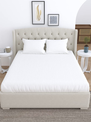 LINENWALAS 300 TC Cotton Single Striped Fitted (Elastic) Bedsheet(Pack of 1, White Stripe)