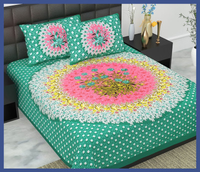 BedZone Cotton Double Flat 240 TC Jaipuri Prints Bedsheet(Pack of 1, Green)