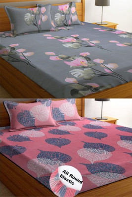 VORDVIGO 220 TC Cotton Queen Abstract Fitted (Elastic) Bedsheet(Pack of 2, Multicolor)