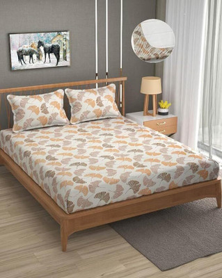 OM SAI DECOR Cotton King Fitted (Elastic) 350 TC Floral Bedsheet(Pack of 1, Peach)